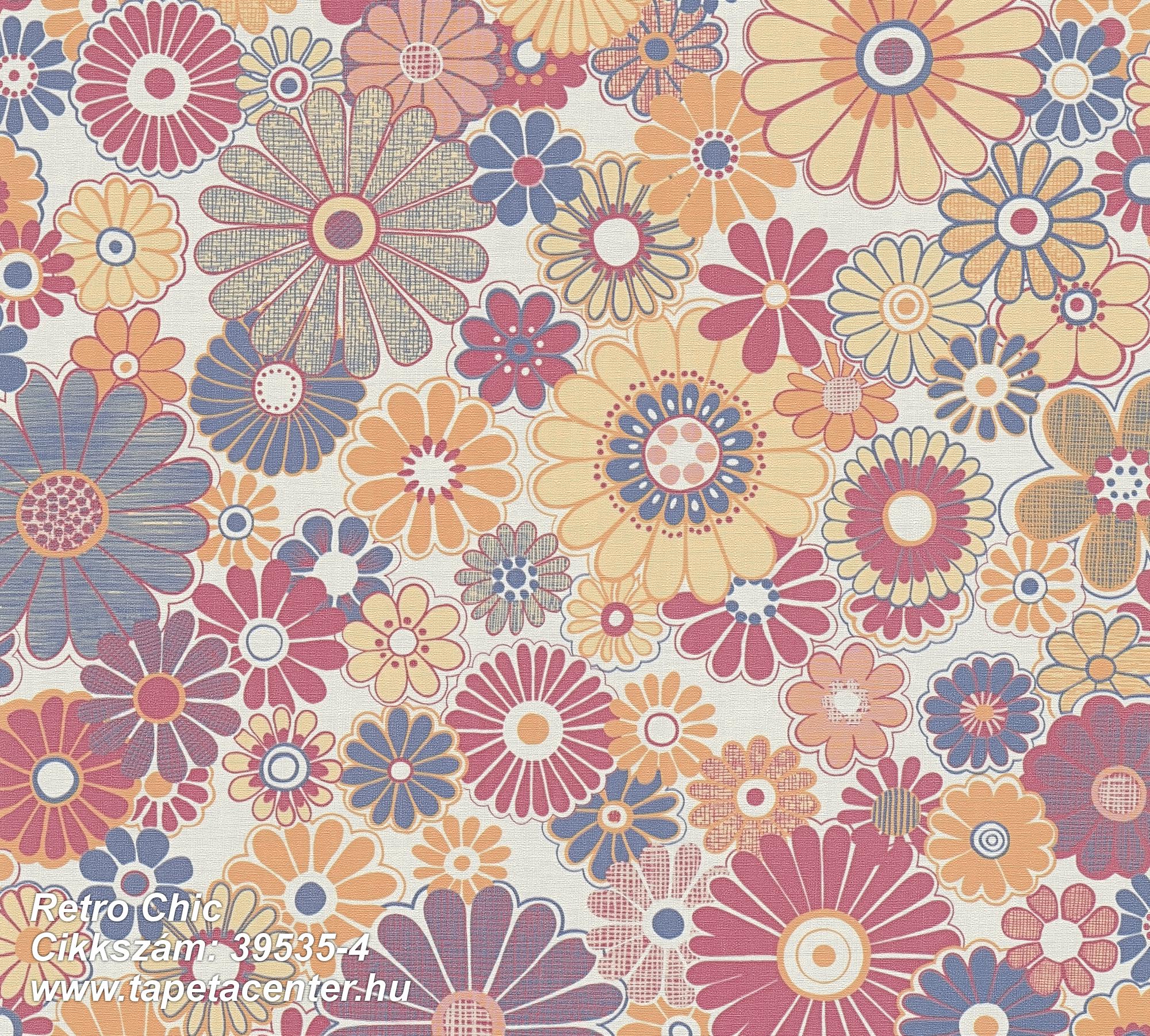 Retro,textil hatású,virágmintás,fehér,kék,narancs-terrakotta,piros-bordó,súrolható,vlies tapéta 